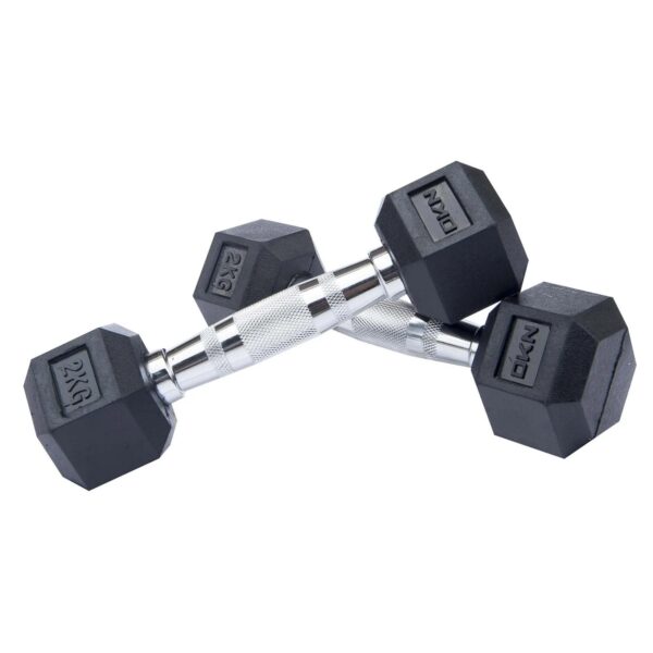 DKN 2kg to 10kg Rubber Hex Dumbbell Set with Storage Rack - 6 Pairs - Image 2